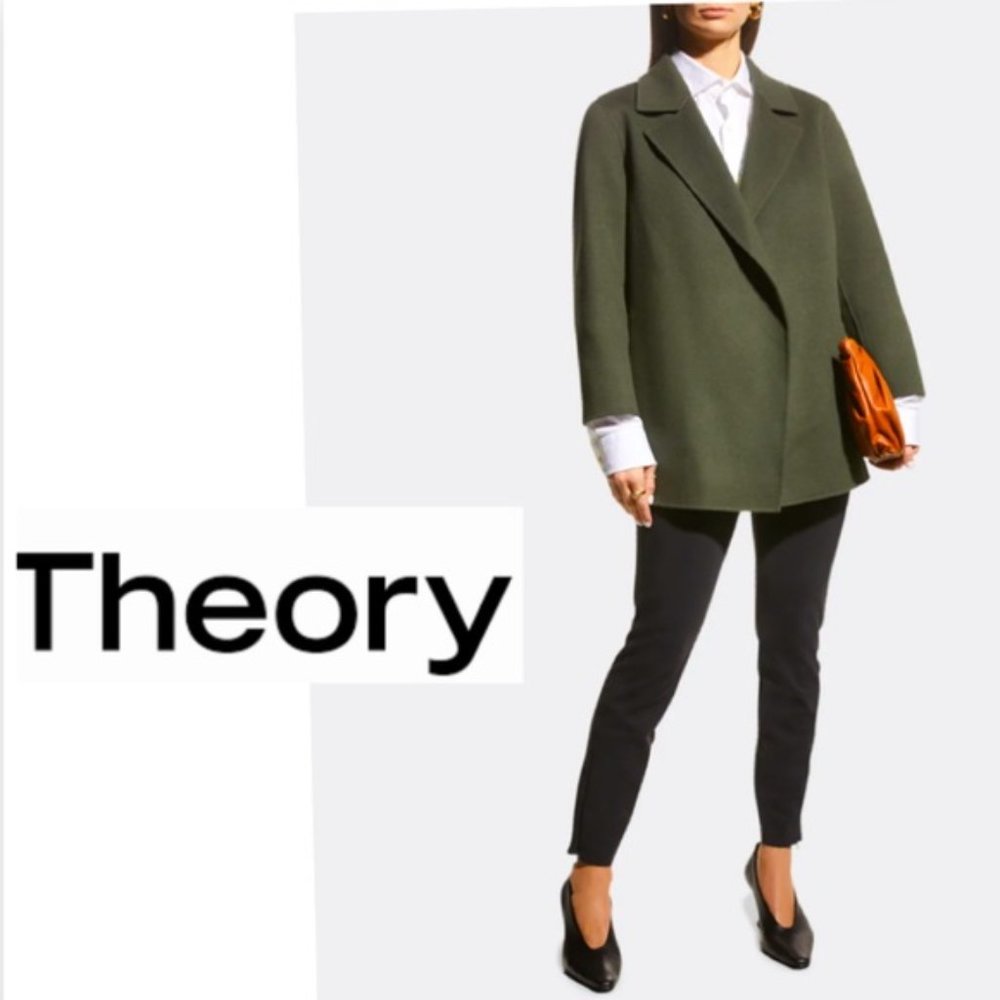 Theory Sileena Open Front‎ Coat in Double-Face Wool-Cashmere Forest Green P